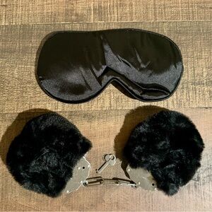 *NWT* Black Satin Sleep Mask and Furry Handcuffs Set